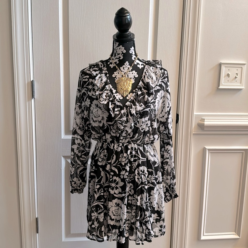 ZARA black and white floral knee dress